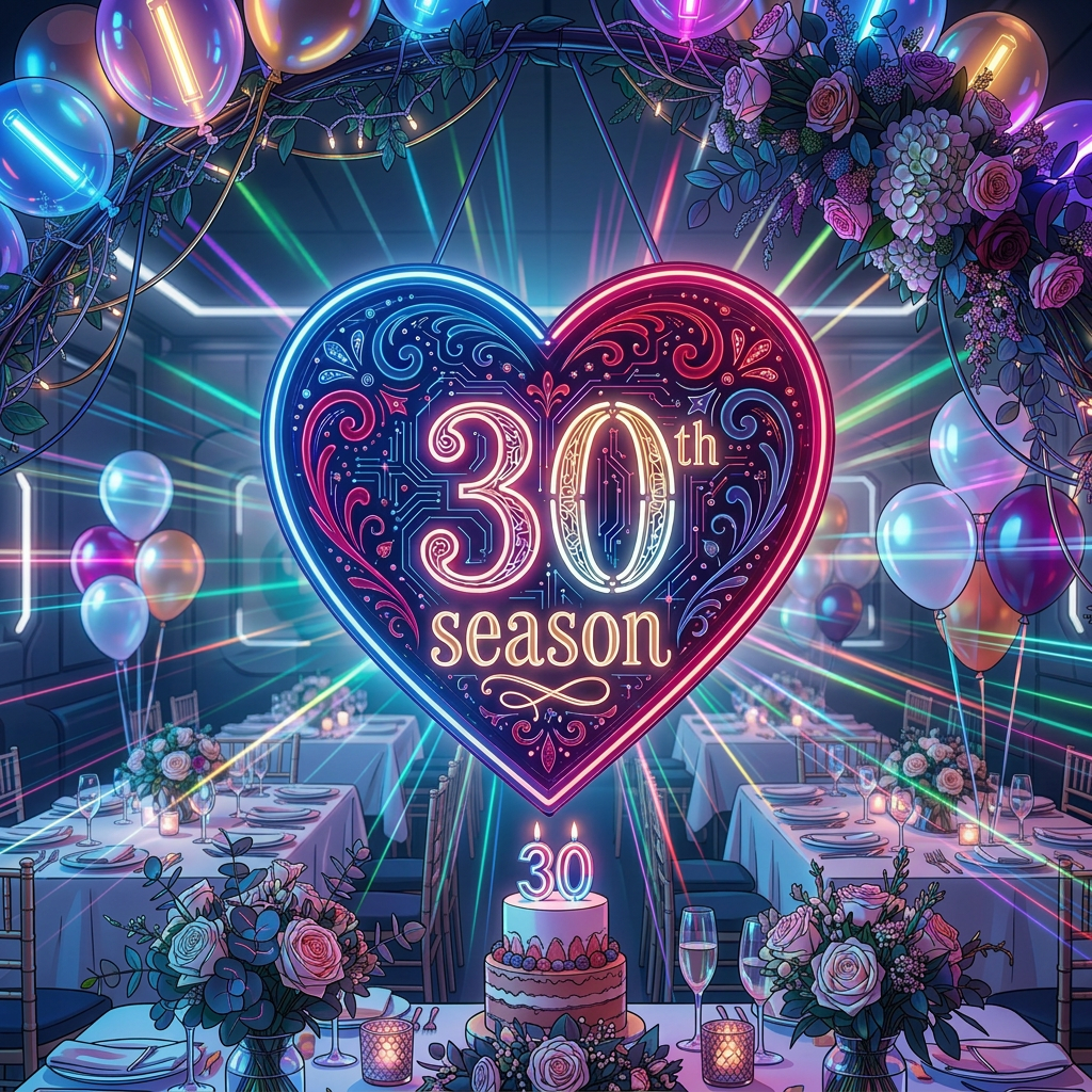 Heart-shaped 30 years anniversary sign with floral and balloon decorations at a party