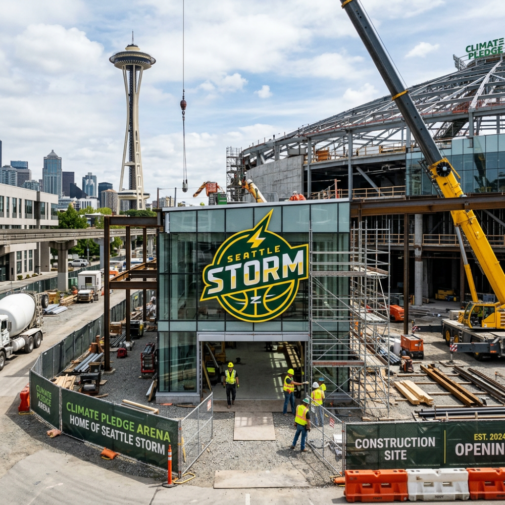 Construction site of Climate Pledge Arena with Seattle Storm logo and workers