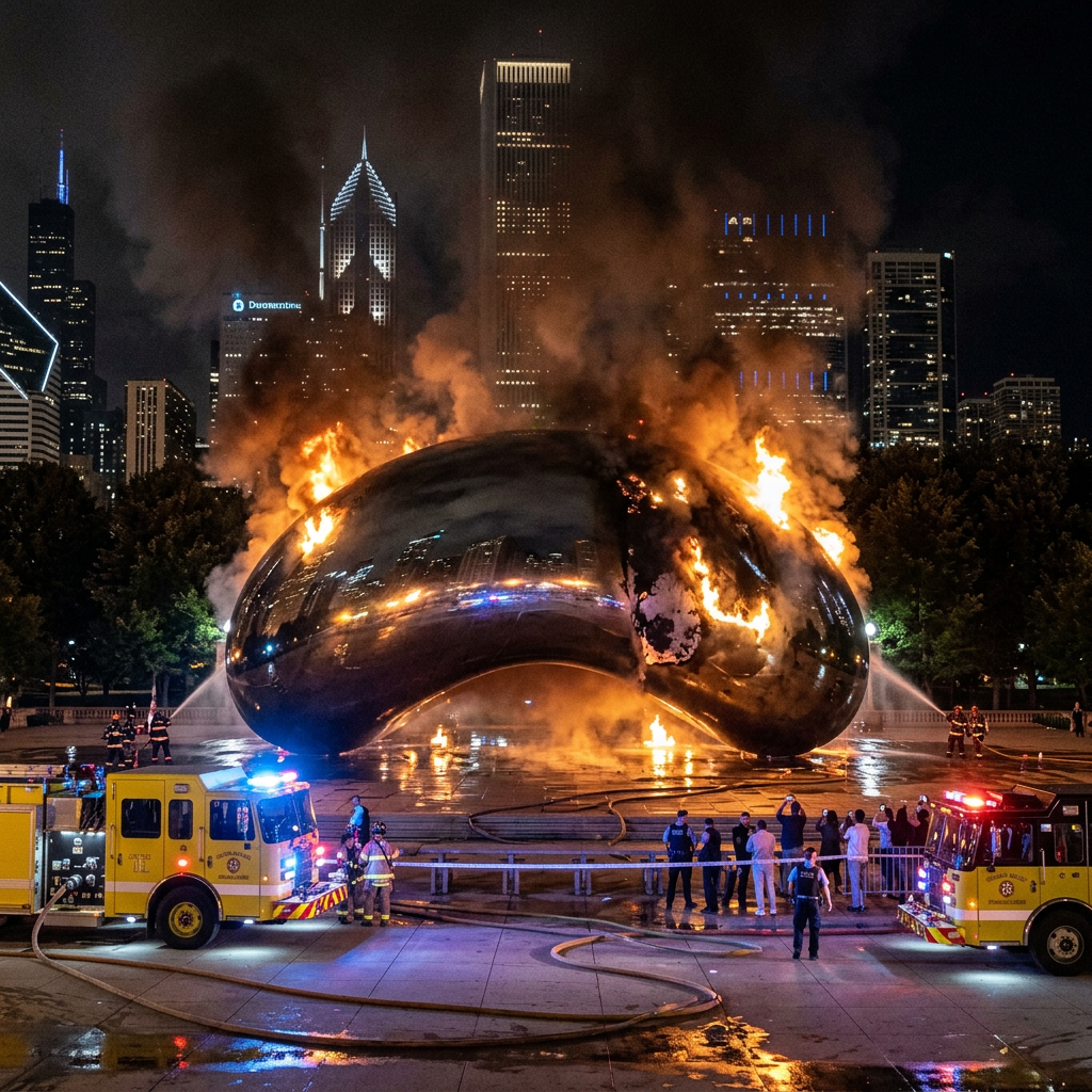 Cloud Gate sculpture on fire at night with firefighters and fire trucks around it