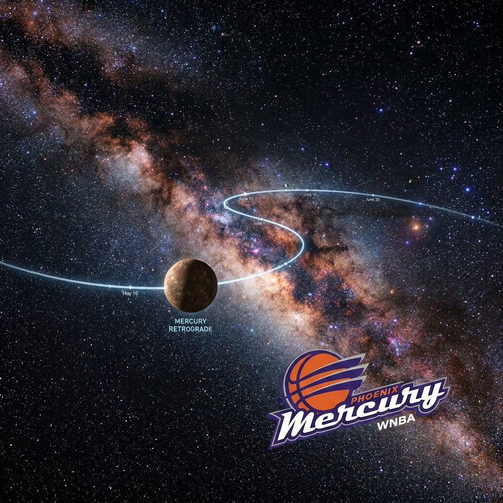 Mercury planet with curved retrograde orbit path labeled with dates May 10 to June 20
