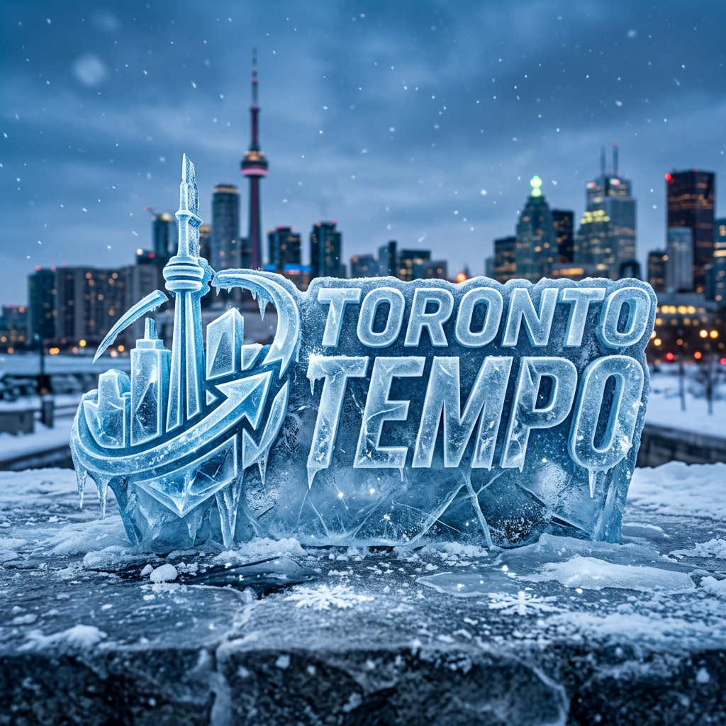 Toronto Tempo logo carved from ice with CN Tower and city skyline behind, snowy scene