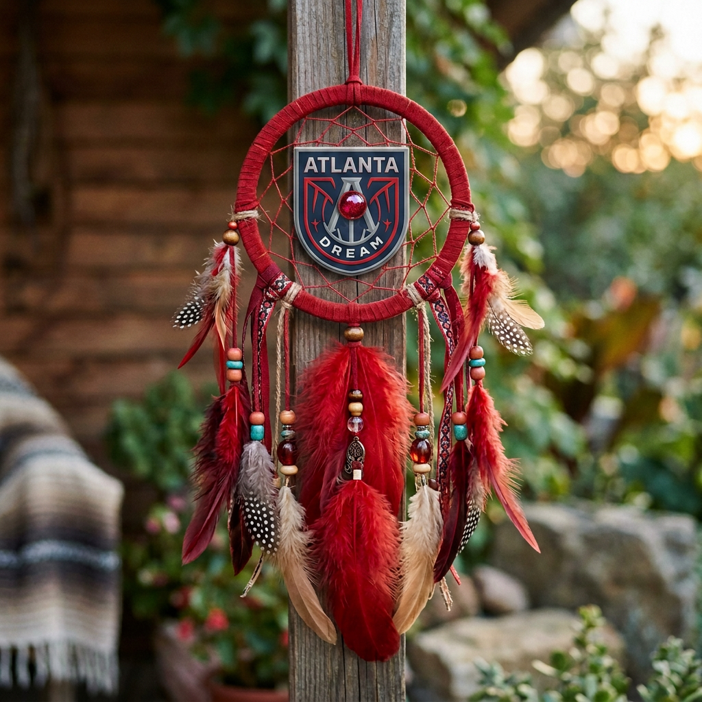 Red dreamcatcher with feathers and beads hanging on wooden post