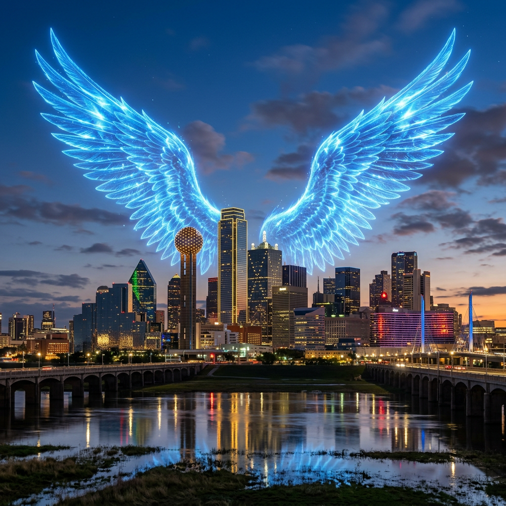 Dallas skyline with large blue wings