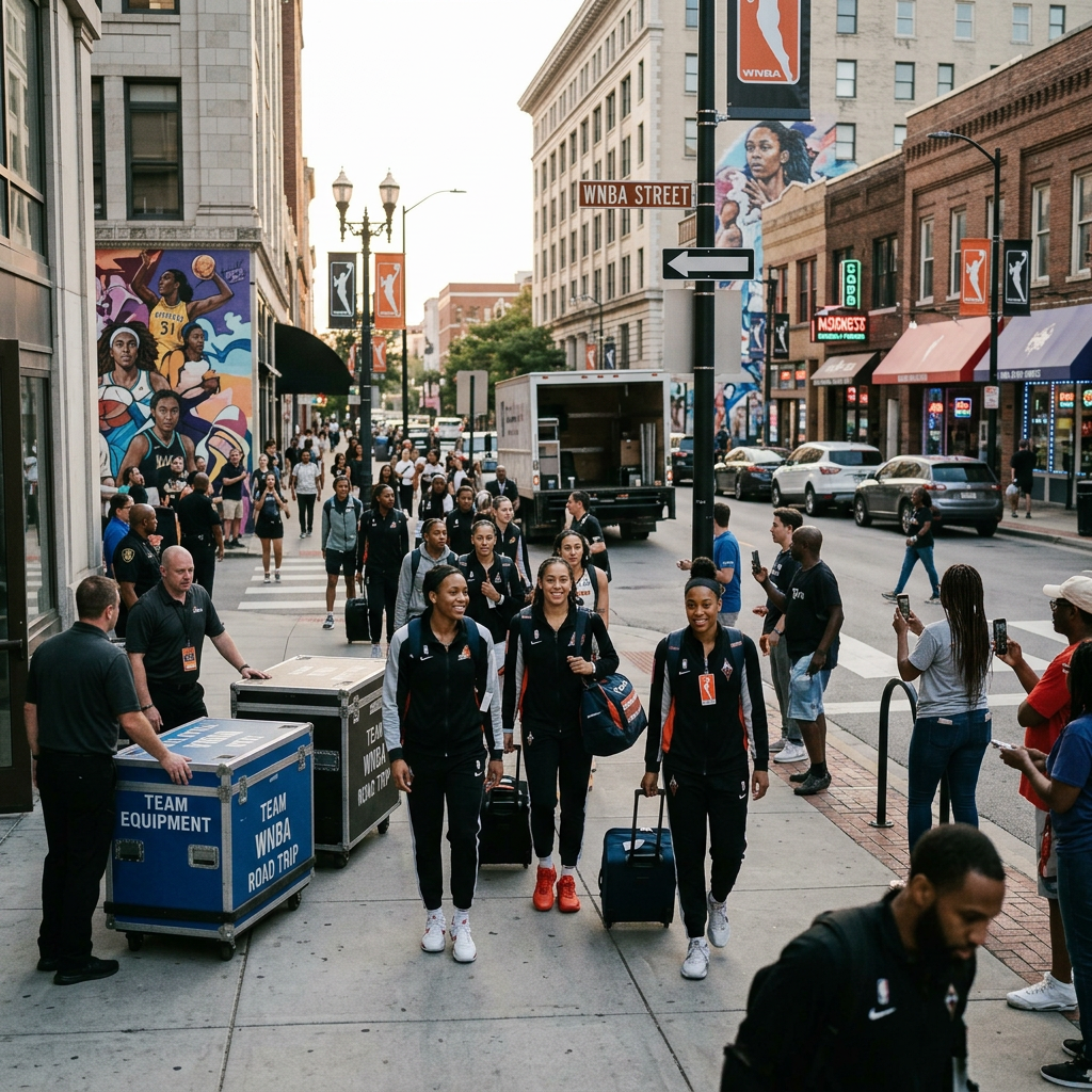WNBA players walk downtown with luggage past WNBA Street signs