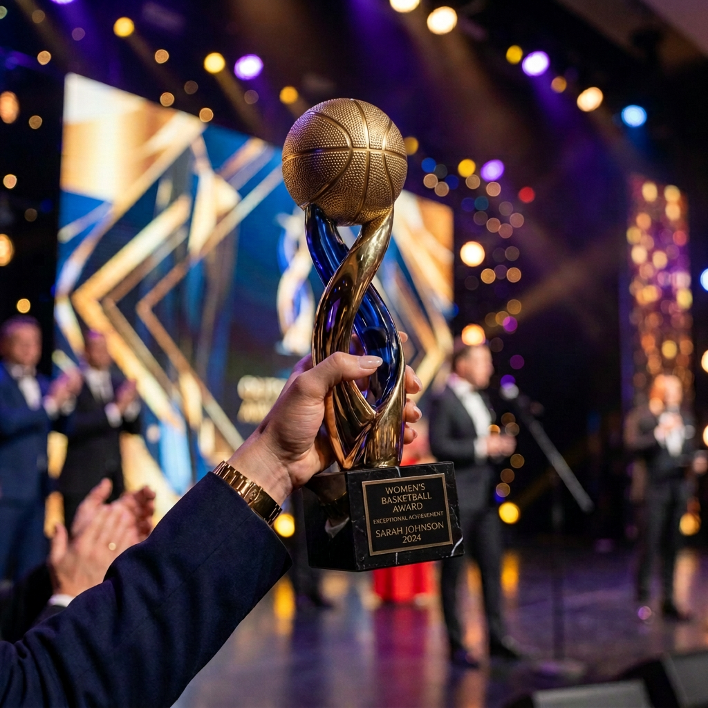 Hand holding Outstanding Achievement Award Show 2024 trophy